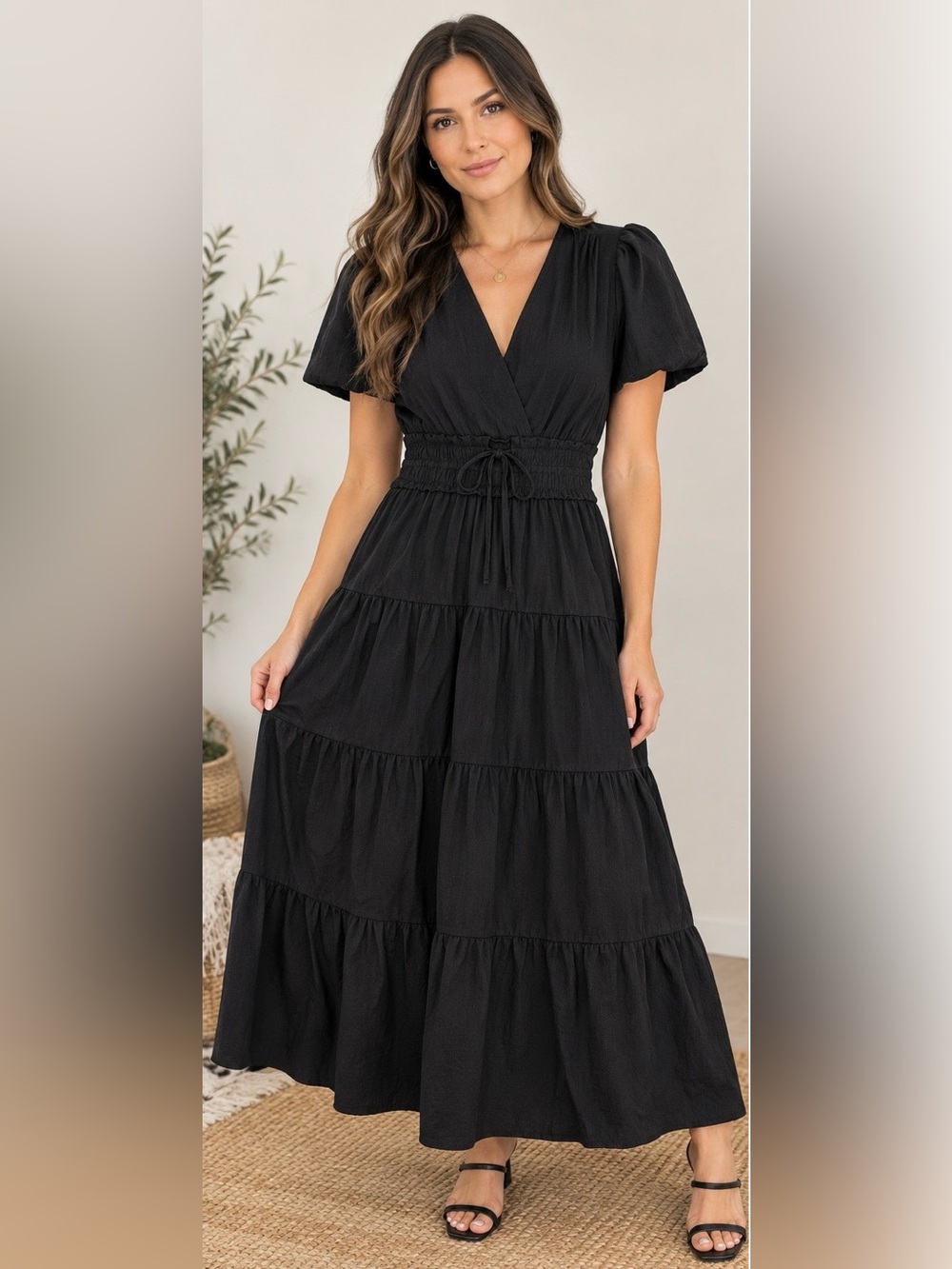 ✨Meadow Rhodes Black Tiered V-Neck Maxi Dress with Smocked Waist Size S
